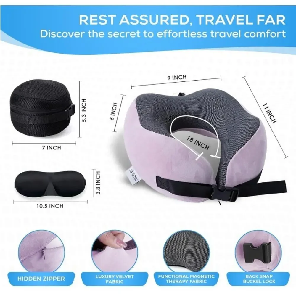 NPWNK Memory Foam Travel Neck Pillow w/ Eye Mask & Case – Grey/Blue